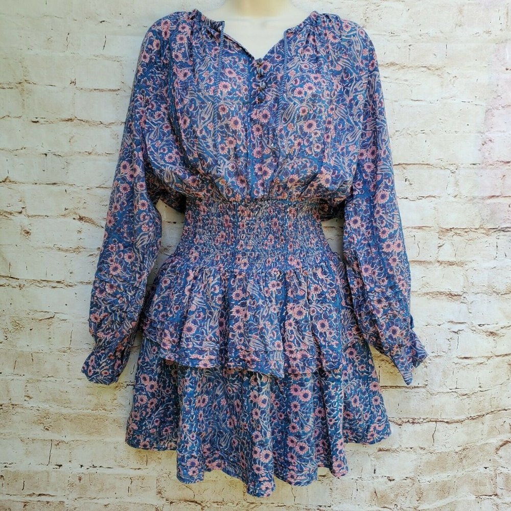 Cleobella Bianca Blue Pink Smocked Mini Dress XS